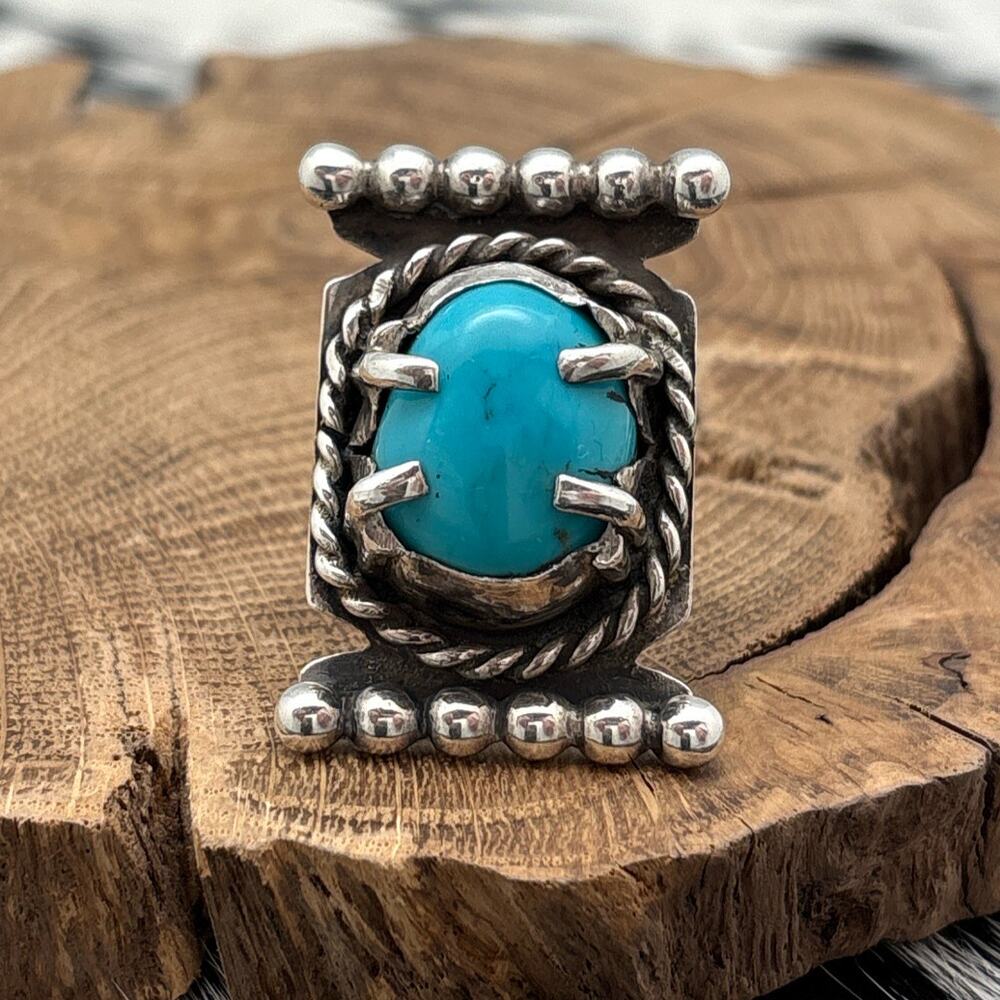 1980s SOUTHWEST STYLE Sterling Silver & Turquoise Ring Dots Twist Wire Size 7.5